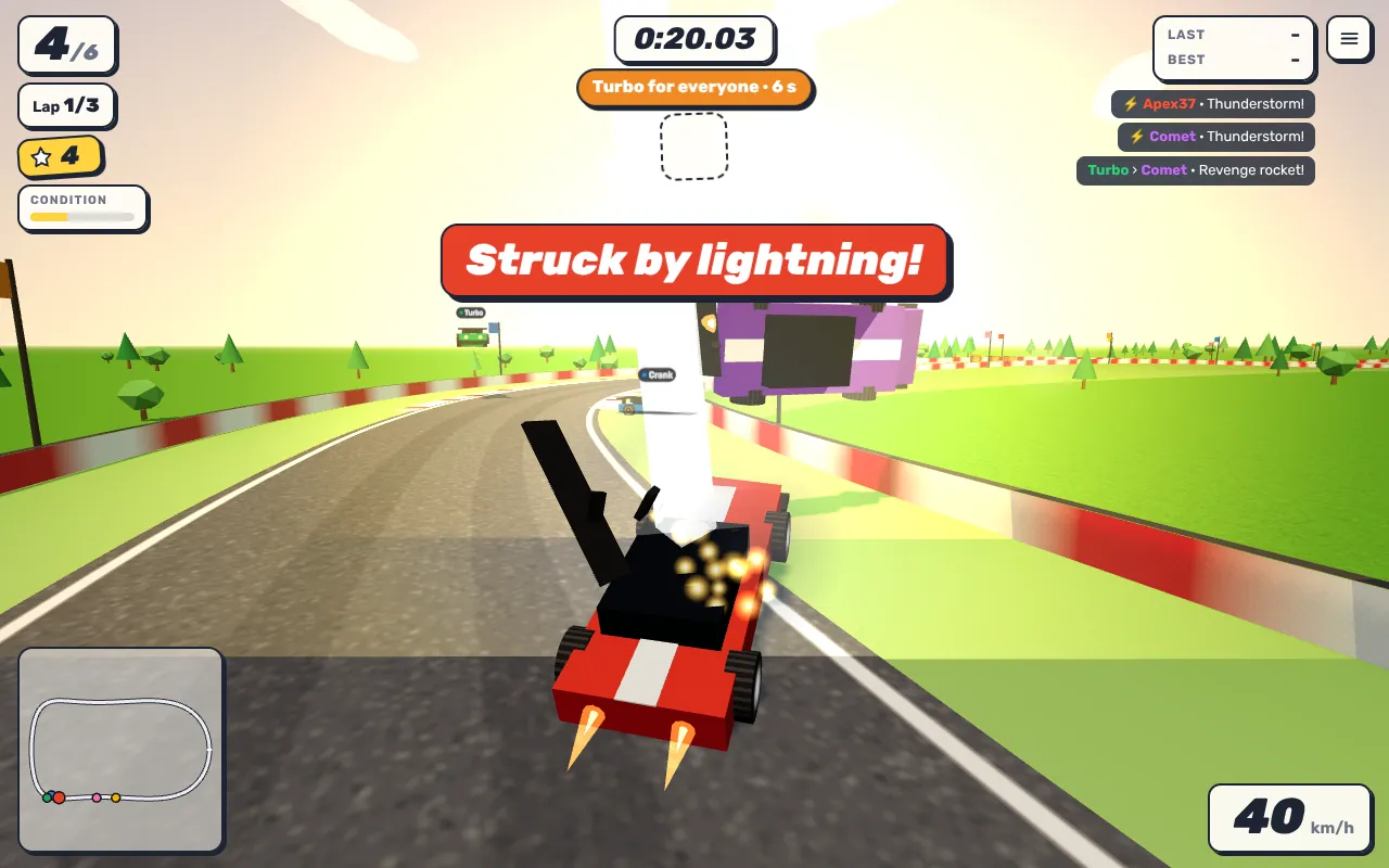 Chaos mode in Scribble Circuit: the red player car is struck by lightning during the Turbo for everyone event, with the event bar at the top and the event feed on the right