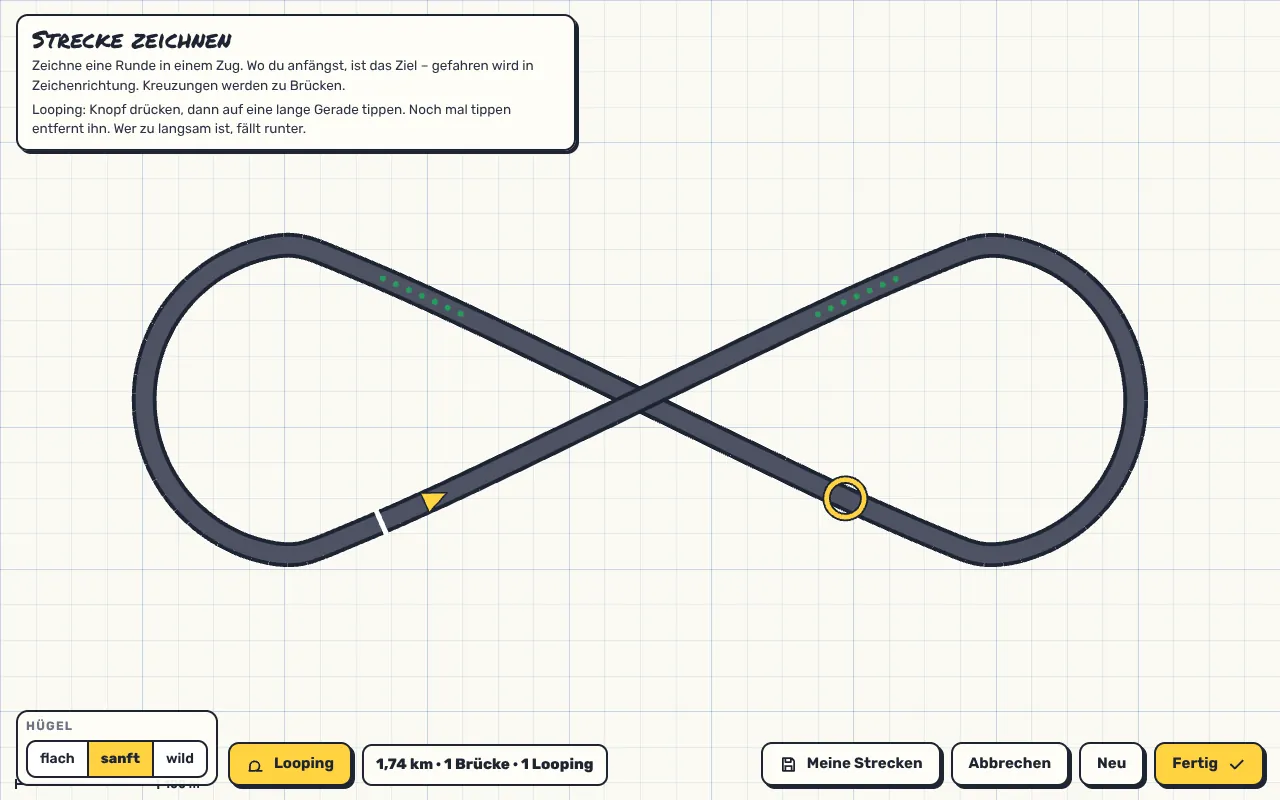 Zeichenbrett von Scribble Circuit mit einer Acht als Strecke, einem gesetzten Looping auf einer Geraden und grünen Punkten auf zwei weiteren Geraden