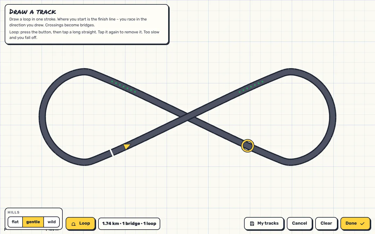 Scribble Circuit drawing board with a figure-eight track, a loop marked on one straight and green dots on two other straights