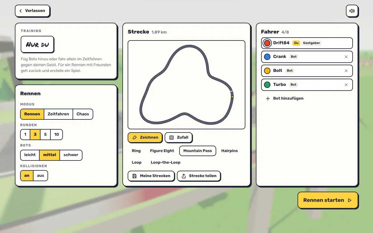 Lobby von Scribble Circuit im Training: links die Renneinstellungen, in der Mitte die Strecke Mountain Pass, rechts drei Bots in der Fahrerliste
