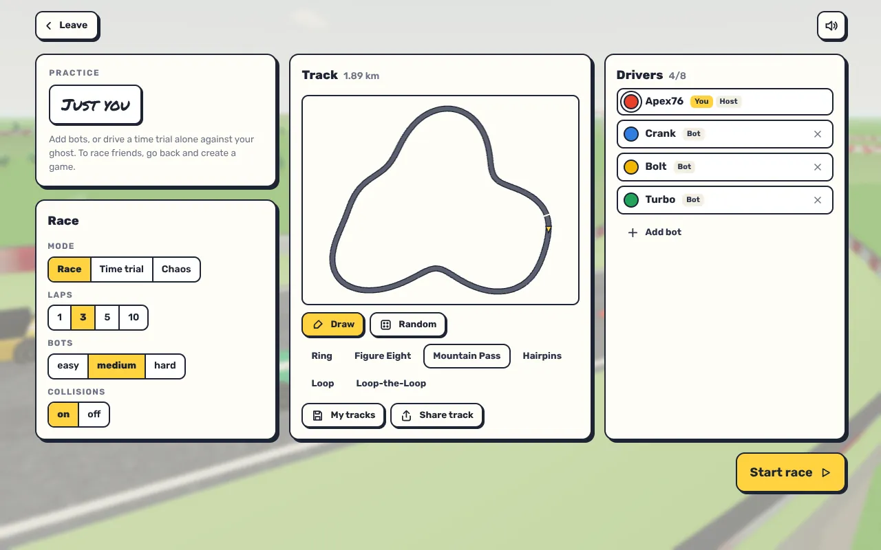 Scribble Circuit lobby in practice mode: race settings on the left, the Mountain Pass track in the middle and three bots in the driver list