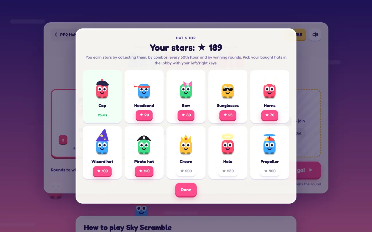 Sky Scramble hat shop with 189 stars: the cap is owned, hats up to the pirate hat are affordable, while crown, halo and propeller are still out of reach