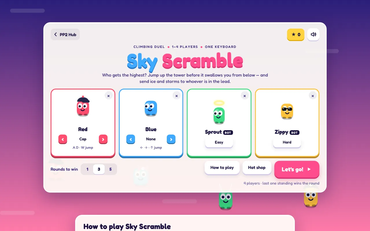 Sky Scramble lobby with four slots: Red and Blue as human players with their keys, plus two bots set to Easy and Hard