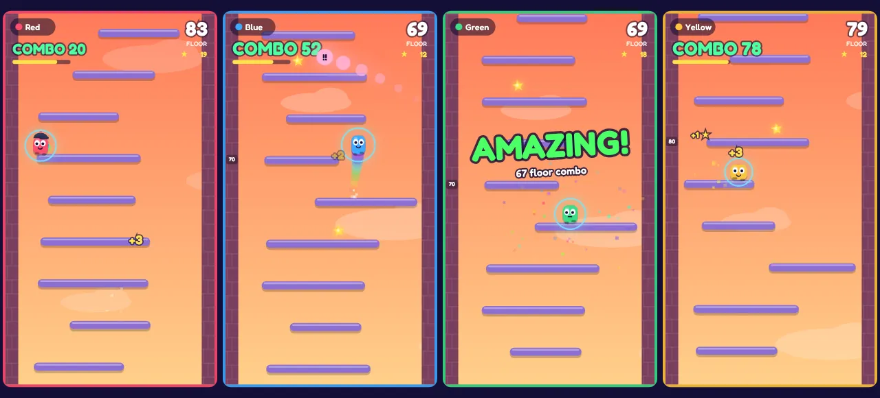 Vier Streifen nebeneinander in Sky Scramble: Red, Blue, Green und Yellow klettern jeweils ihren eigenen Turm hinauf, mit Combo-Zählern und der großen Ansage AMAZING!