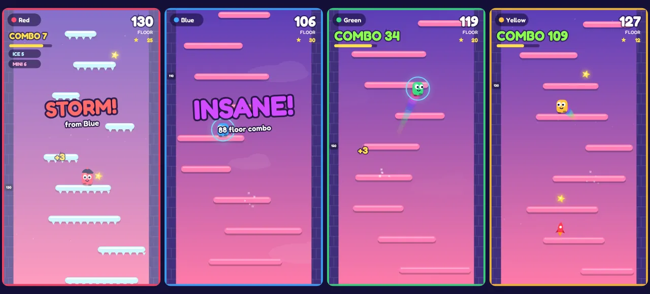 Sky Scramble im geteilten Bildschirm: Red, Führender auf Etage 130, wird von einem Sturm von Blue getroffen; in dessen Streifen stehen INSANE! und eine Combo über 88 Etagen